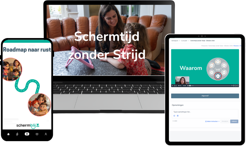 De cursus Schermtijd zonder Strijd op laptop, tablet en telefoon: de welkomstvideo, de module Waarom en de Roadmap naar Rust